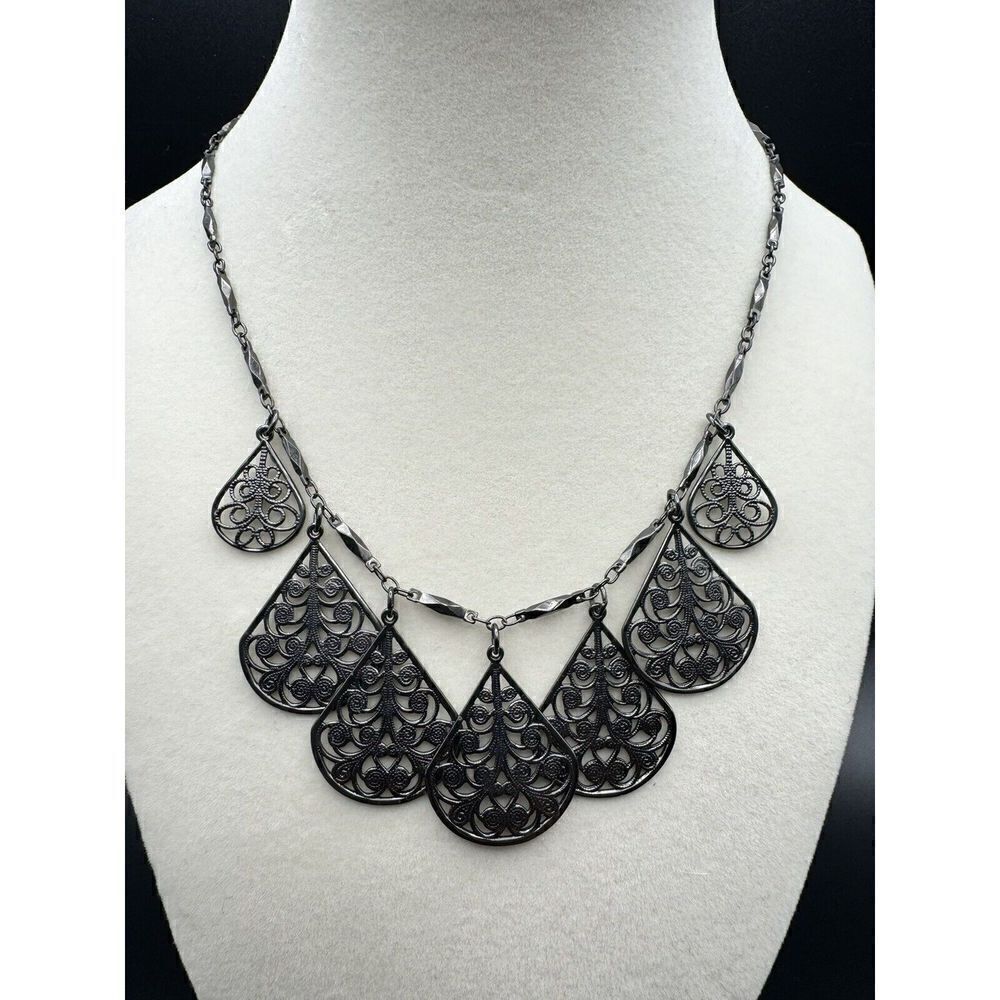 Vintage 1928 Black Gunmetal Floral Vine Filigree Teardrop Dangle Necklace 16”